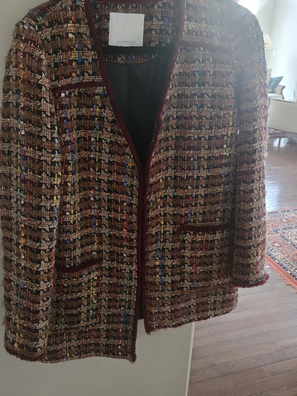 Anthropologie Multi-Color Tweed Jacket with Burgundy Trim